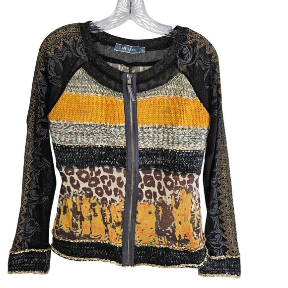 Lulu-H Patchwork Knit Cardigan Zip Front Animal Print Sz. Large Mob Wife - Picture 1 of 10